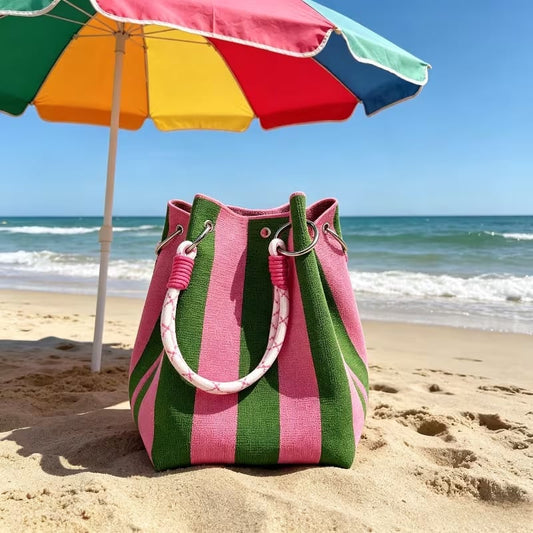 🏆👜 Zeitlich begrenzter Sale: 50% RABATT 🌴 Boho Gestreifter Strick-Bucket-Bag für Damen – Handgemachte Sommer-Strand-Umhängetasche