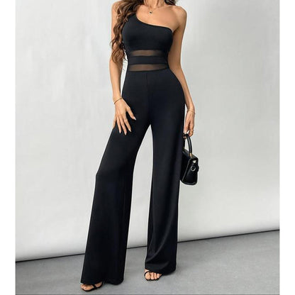 ✨🔥One-Shoulder Jumpsuit mit weitem Bein und Netzeinsatz