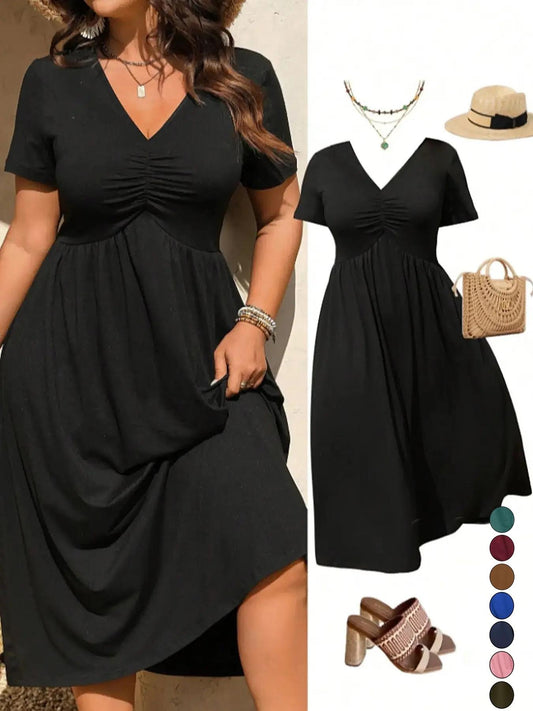 👗 50% RABATT! ⏰ Midi-Kleid in Übergröße mit V-Ausschnitt & Rüschen – Kurze Ärmel, weicher Stoff – Perfekt für warme Tage, elegante Anlässe oder den Alltag – bequem & stilvoll ✨🌸
