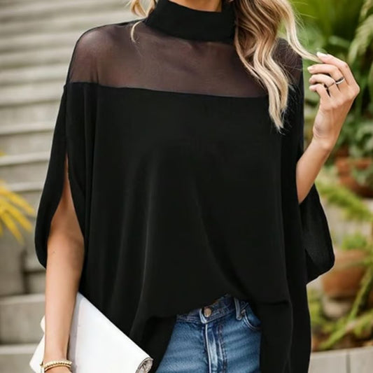 👗 LIMITED-TIME 50% RABATT! 🦇 Lässige Bluse mit Fledermausärmeln – Hochgeschlossen, Transparentes Design, Schwarz 🍂