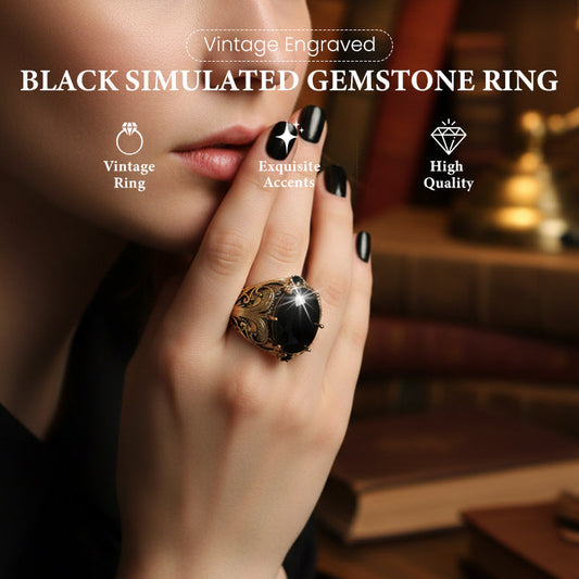 💥Kaufe 1, bekomme 1 gratis💕Vintage-gravierter schwarzer Ring mit simuliertem Edelstein