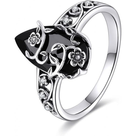 💍50% RABATT🖤Silberfarbener Boho-Ring mit schwarzem Tropfenstein und Rankenmuster, stilvolles Schmuckstück für jeden Anlass🌿