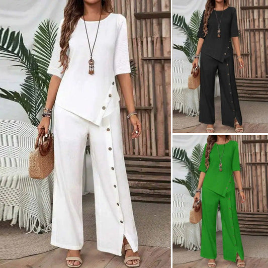 Asymmetrisches Zweiteiler-Set 👗: Asymmetrisches Oberteil + Hose mit einreihiger Knopfleiste — Locker & atmungsaktiv 🛍️