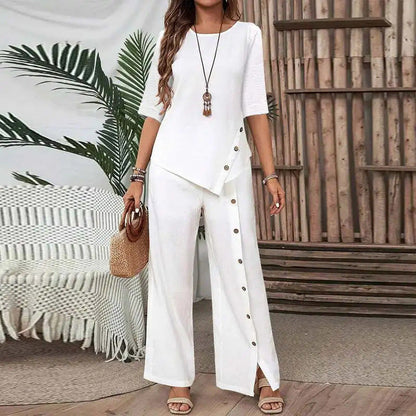 Asymmetrisches Zweiteiler-Set 👗: Asymmetrisches Oberteil + Hose mit einreihiger Knopfleiste — Locker & atmungsaktiv 🛍️