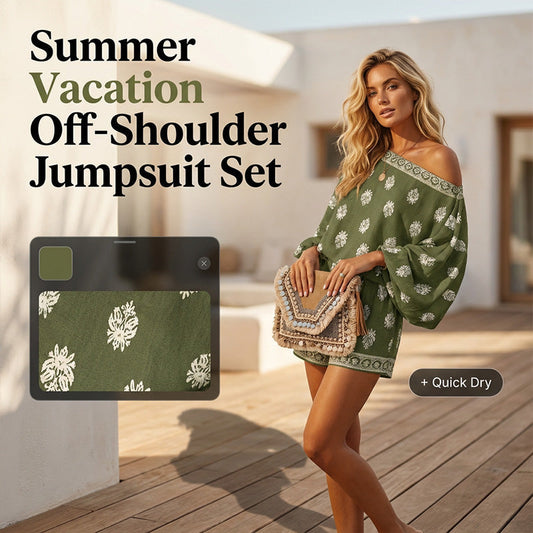 ☀️ LIMITIERTE ZEIT: 50% RABATT! ✨ Bohème-Off-Shoulder-Jumpsuit – Vintage-Print, Elastisch, Sommertraum 🌴