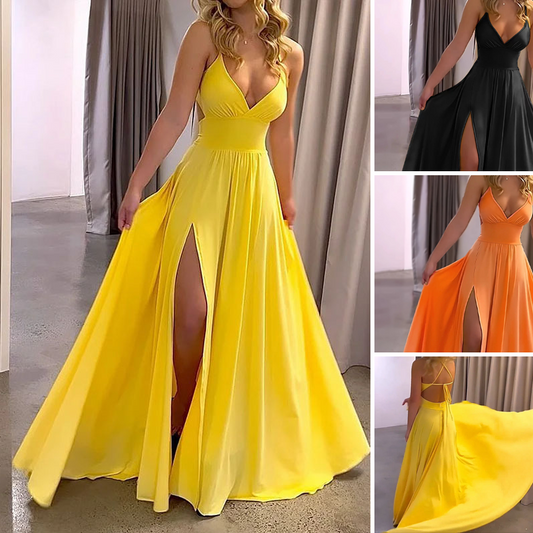 ✨V-Ausschnitt Maxikleid mit Spaghettiträgern und hohem Schlitz