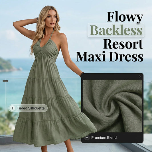 👗 50% RABATT! 🌴 Maxikleid für Damen mit Neckholder & Rückenfreiem Ausschnitt – Gestuft, Fließend & Im Resort-Stil Für Einen Eleganter Auftritt Im Urlaub 🌺