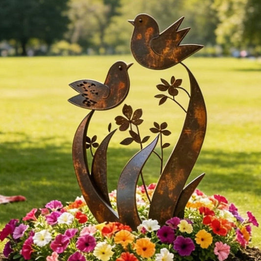 ✨🌿Gartenstecker aus Metall im rustikalen Vogel- und Blumen-Design🐦