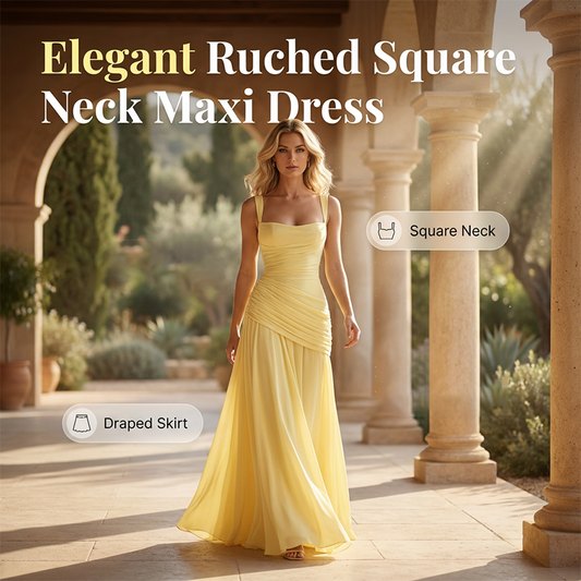 🌞 50 % RABATT AKTUELL GÜLTIG! ✨ Gelbes drapiertes Abend-Maxikleid – Schmeichelnde Taillierung, weich fallendes Material und edler Look für Partys & Urlaub 🌟