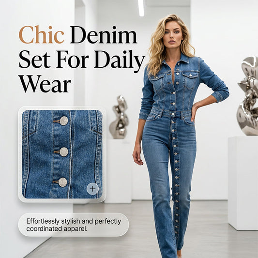 🌸 50% RABATT JETZT! 🌸Damen Schickes Knopfdetail Denim-Set