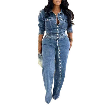 🌸 50% RABATT JETZT! 🌸Damen Schickes Knopfdetail Denim-Set