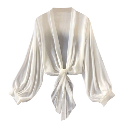🧥 ZEITLICH BEGRENZT 50% RABATT! 💥 Damen Leichter Chiffon Vorne-Knoten Cardigan – Ballonärmel, Transparent, Layering ✨