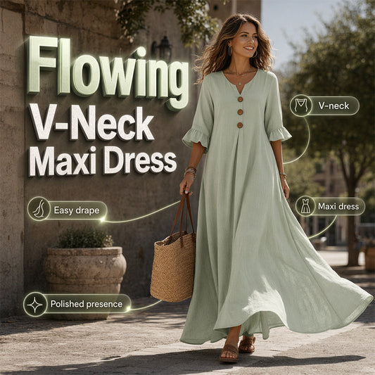 👗 50% RABATT! 🌸 Damen V-Ausschnitt lockeres Maxikleid – Leicht & luftig – Perfekt für heiße Tage, Strand oder einen entspannten Look – feminin und bequem ✨🌿