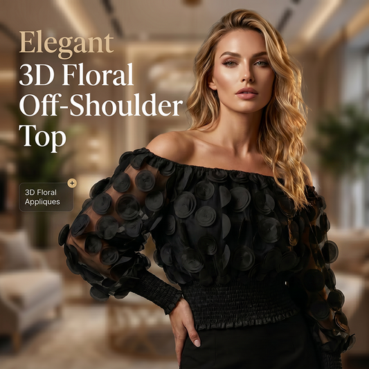 👗 ZEITLICH BEGRENZT 50% RABATT! ✨ Off-Shoulder Fitted Top – 3D Blumenapplikationen, Smock-Taille, Ballonärmel 🌸