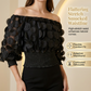 👗 ZEITLICH BEGRENZT 50% RABATT! ✨ Off-Shoulder Fitted Top – 3D Blumenapplikationen, Smock-Taille, Ballonärmel 🌸