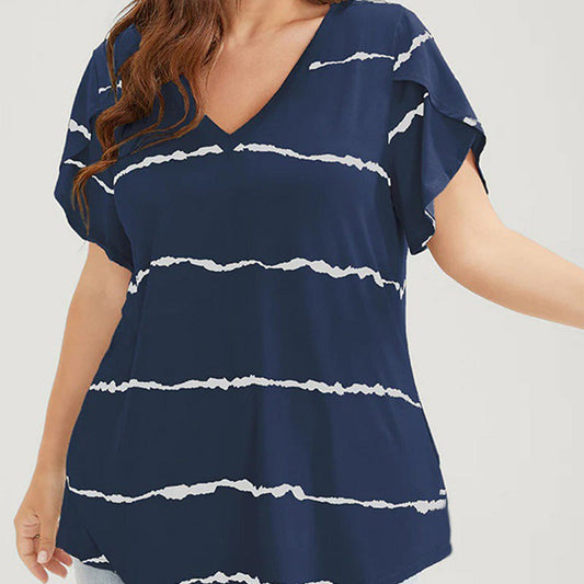 🏖️Sommer Heißer Verkauf 50% RABATT🏝️👚Übergröße Gestreiftes Kurzarm V-Ausschnitt T-Shirt✨