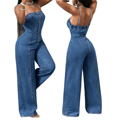 👖 50% RABATT! ✨ Damen‑Jeansoverall mit Spaghettiträgern und weitem Bein – Lässiger Sommerlook