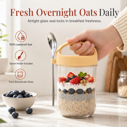 📢📢50% RABATT!! ⏰ Overnight Oats Burk – Glas, läckagefri & sked ingår 🥄✨