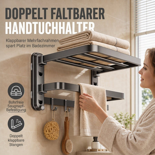 🛁50 % RABATT🧺Doppelt klappbares Handtuchregal, saugmontiert rostfrei, bohrfrei platzsparend für das Bad