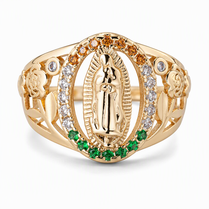 ✨ 50 % RABATT 💍 Vergoldeter Damenring mit Göttinnen- und Blumenmotiv, ovale farbige Zirkonien, edler Old-Money-Look 🌷
