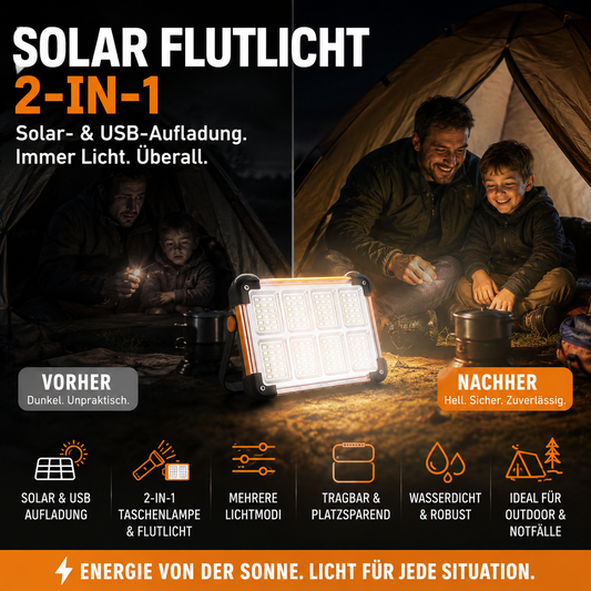 ☀️ 50 % RABATT! 🔥 Multifunktionale Solar-Campinglampe & LED-Flutlicht – 4 Helligkeitsstufen, Powerbank-Funktion & Wetterfest 🏕️🔋