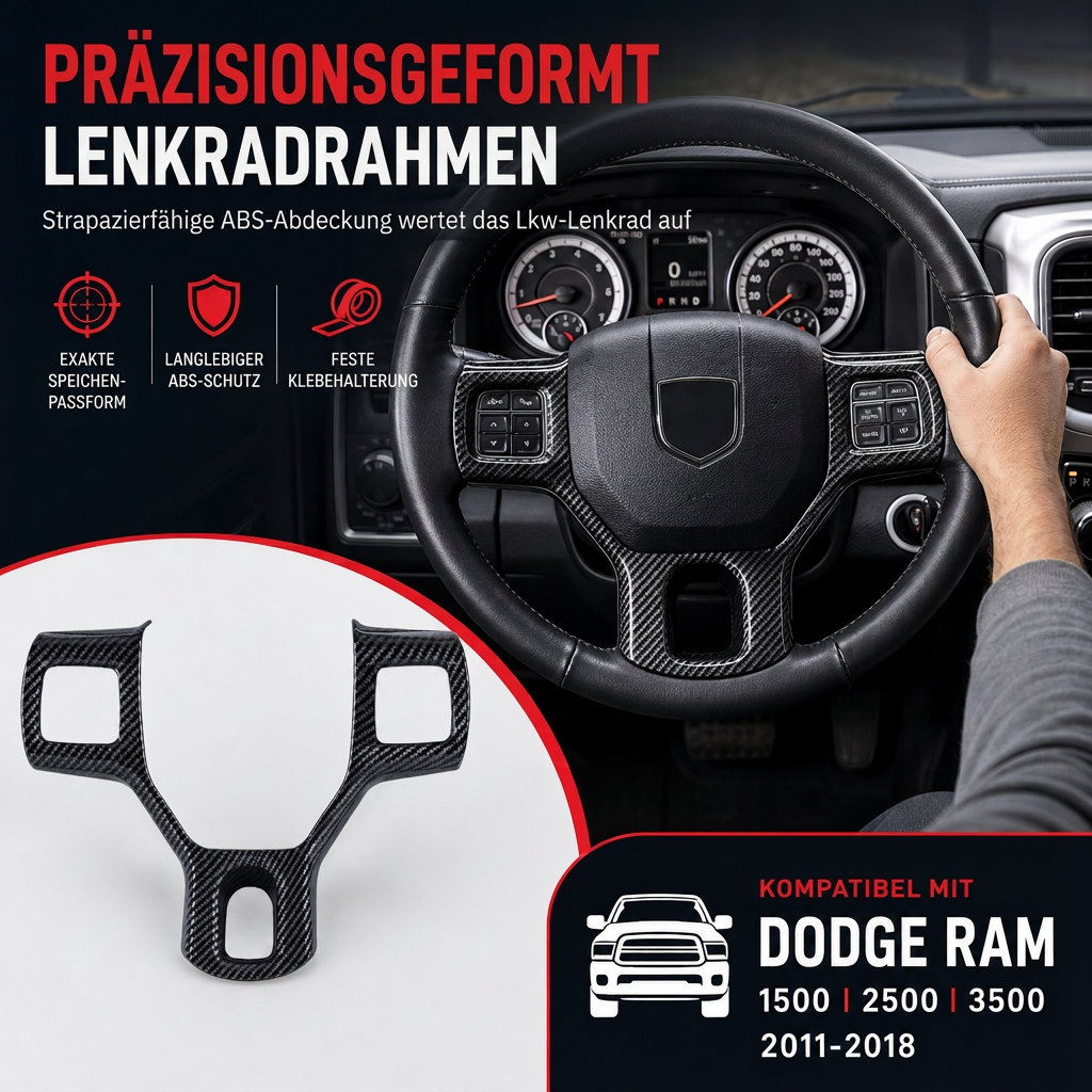 Carbon fiber style steering wheel trim installed in a Dodge RAM interior