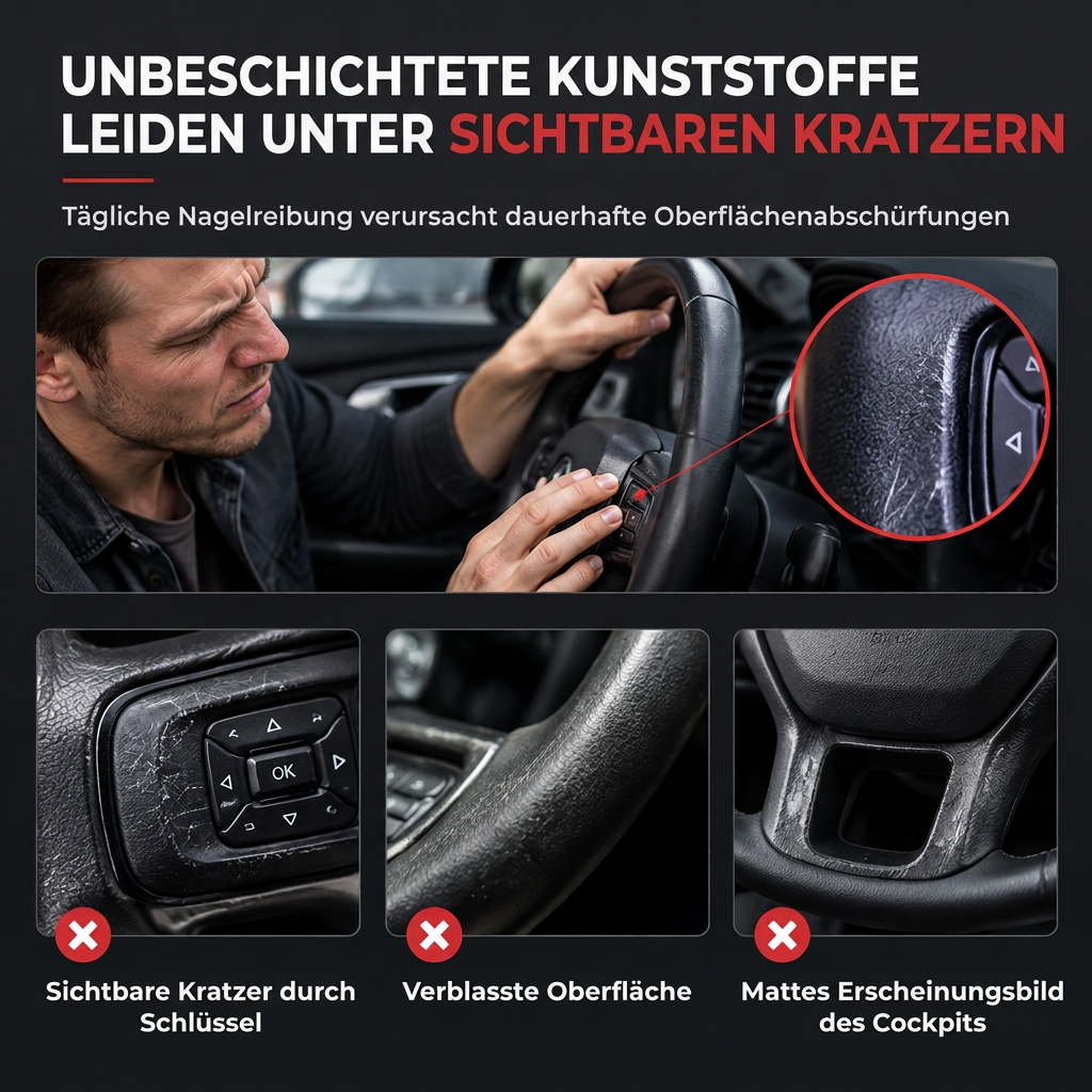 Illustration showing scratches and wear on untreated steering wheel plastic