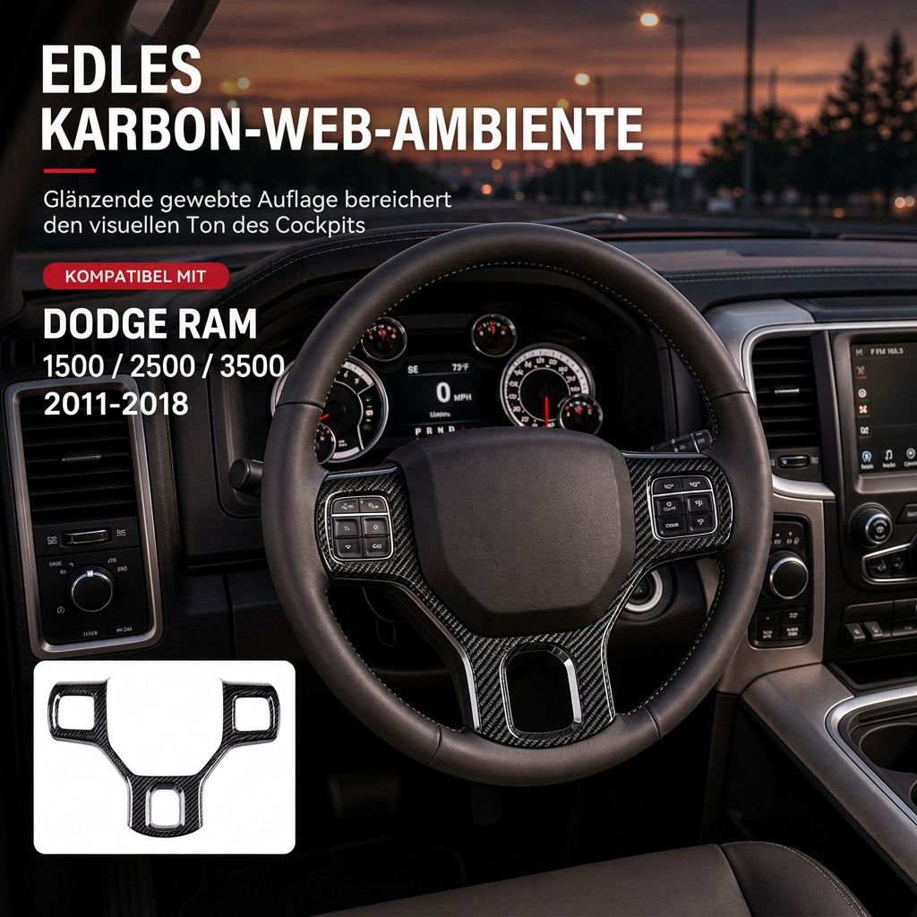 Carbon fiber style steering wheel trim fitted in a Dodge RAM cockpit