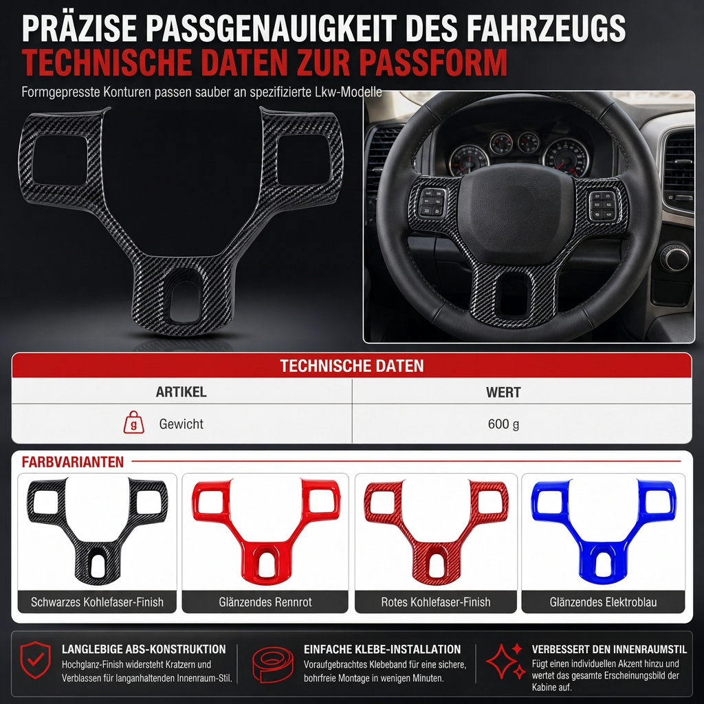 Dodge RAM steering wheel trim fitment diagram and available colour finishes