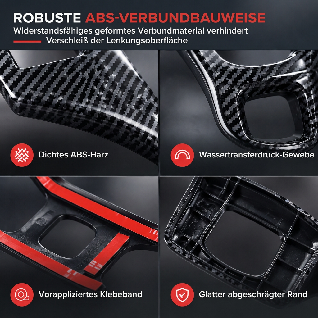 Close-up of ABS carbon pattern finish, adhesive backing and shaped trim edges