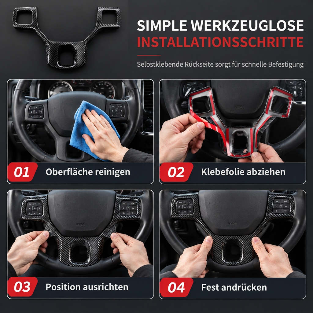 Four steps for installing the adhesive steering wheel trim cover
