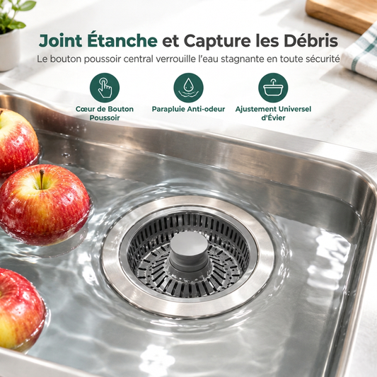 📢📢 50 % RABATT💧Abflussstopper für die Spüle mit Druckknopf, Edelstahlgehäuse und ABS-Filterkorb für Speisereste