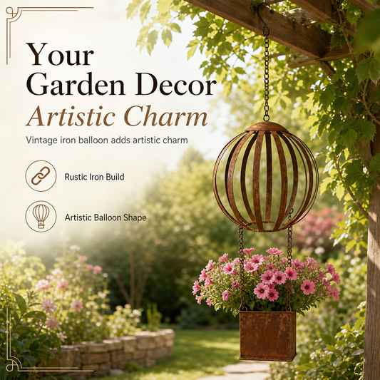 📢📢 50 % RABATT🌿Vintage Heißluftballon Blumenampel – Pflanztopf aus Metall für Garten & Terrassendeko